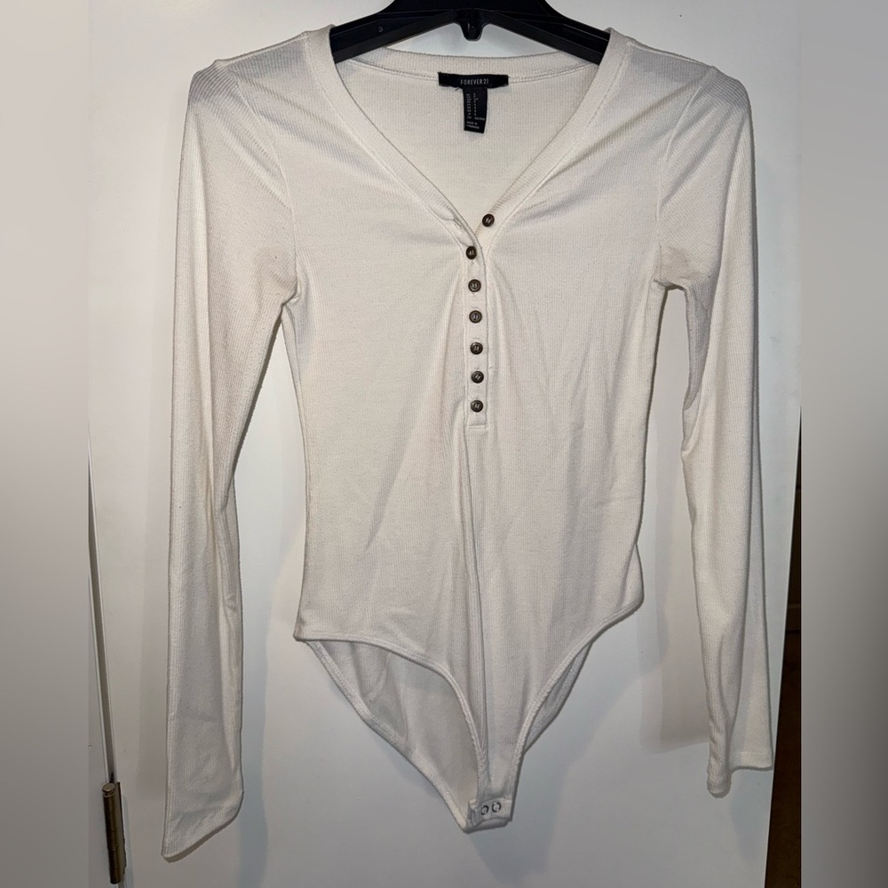 Forever 21 Cream Long Sleeve Bodysuit